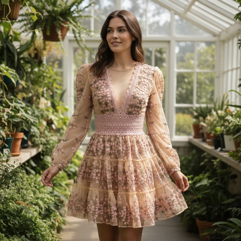 Bronx and Banco Pink Floral Tulle Mini Dress